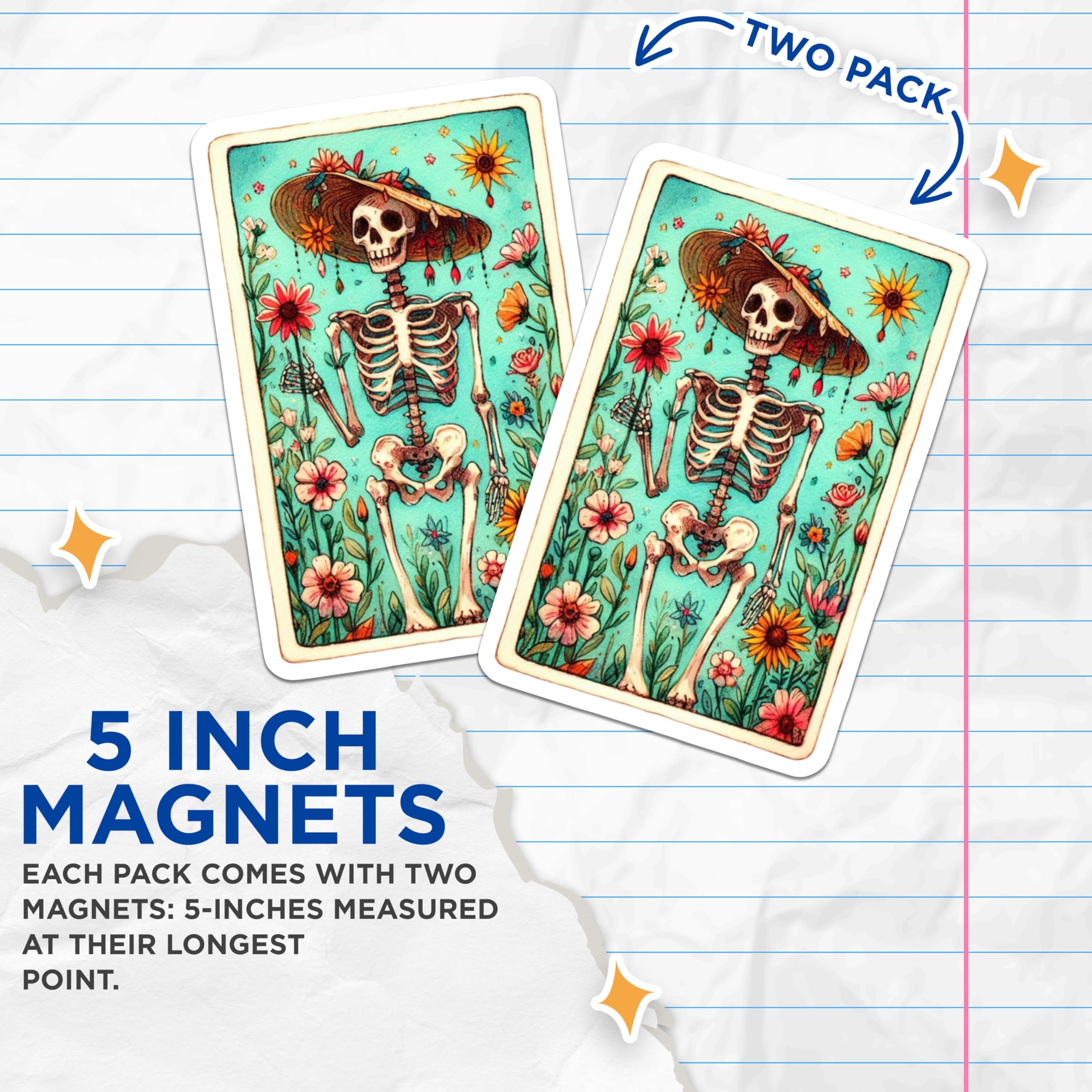 (2 Pack) Dia de Los Muertos Magnets - Sombrero Skeleton Floral Decor - Mexican Folk Art Calavera - 5 Inches On Longest Side - Thick Durable Magnet - Made in USA - MAG20430