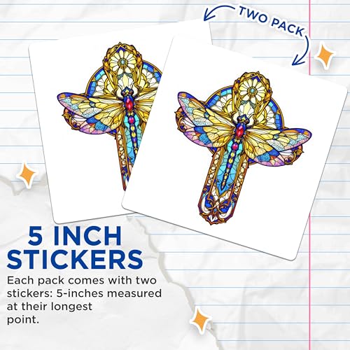 (2 Pack) Stained Glass Dragonfly Stickers - Colorful Artistic Decal - Nature Inspired Window Decoration - 5" On Longest Side - Sticks to Smooth Flat Surfaces - Made in USA - BMCS9960