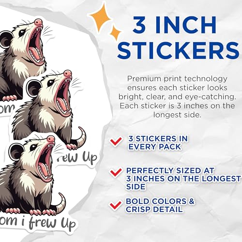 (3 Pack) Opossum Laptop Decals - Funny Animal Sticker - Mom I Threw Up - 3 Inches On Longest Side - Easy Peel & Apply - Made in USA - 3MCS4978