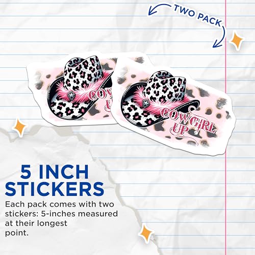 (2 Pack) Cowgirl Up Stickers - Western Theme Stickers - Pink Leopard Print Stickers - 5" On Longest Side - Sticks to Any Smooth Flat Surface - Made in USA - BMCS3148