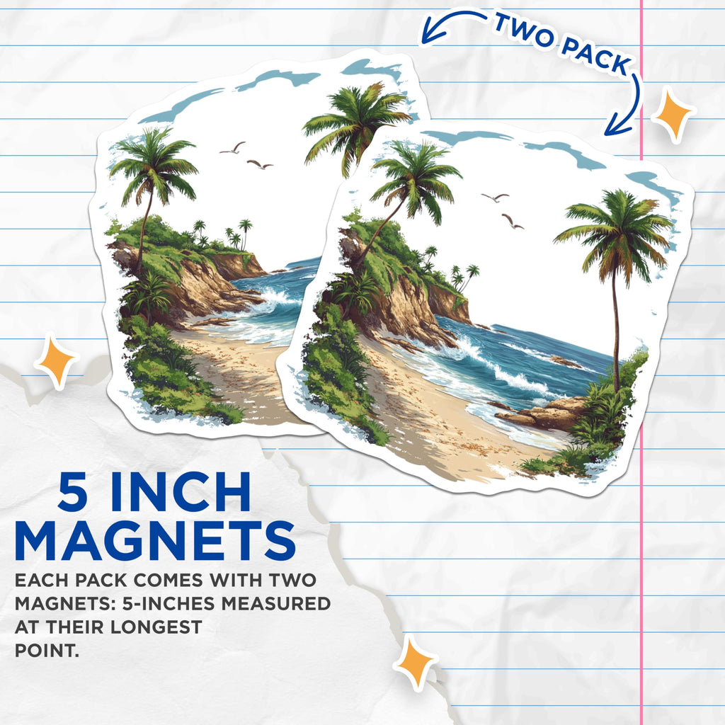 (2 Pack) Tropical Beach Scene Magnets - Palm Tree Ocean View - Coastal Decor Summer Vacation Fridge Accessories - 5 Inches On Longest Side - Thick Durable Magnet - Made in USA - MAG29286