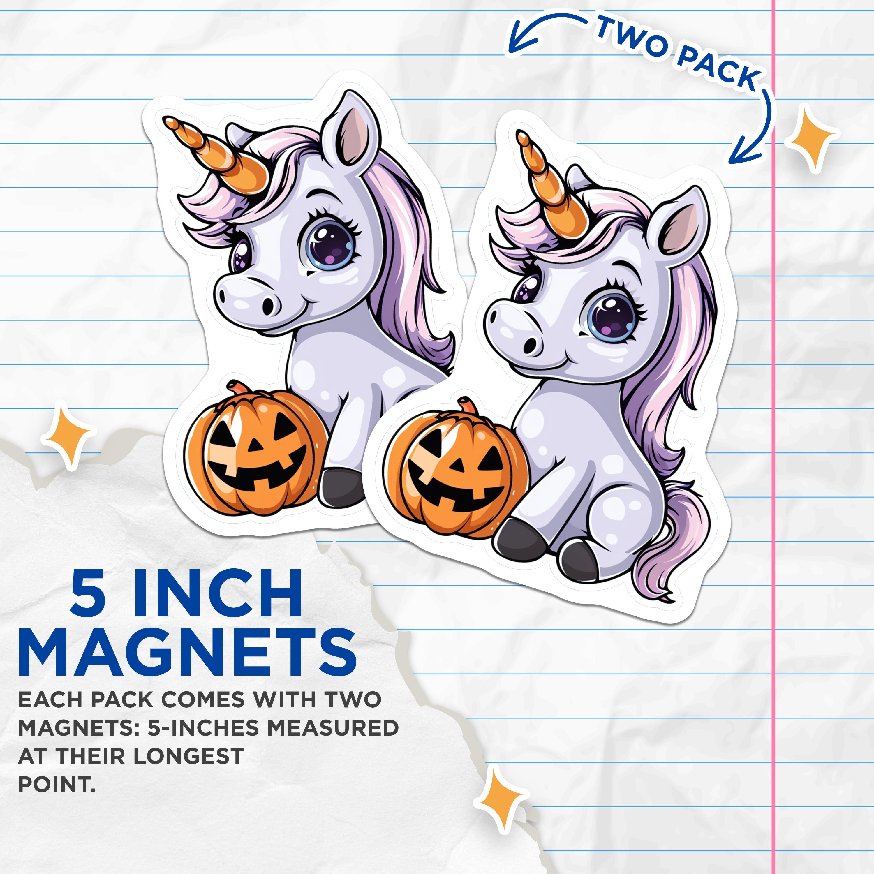 (2 Pack) Cute Unicorn Halloween Magnets - Jack O Lantern Decor - Fantasy Animal Fridge Accessories - 5 Inches On Longest Side - Thick Durable Magnet - Made in USA - MAG37162