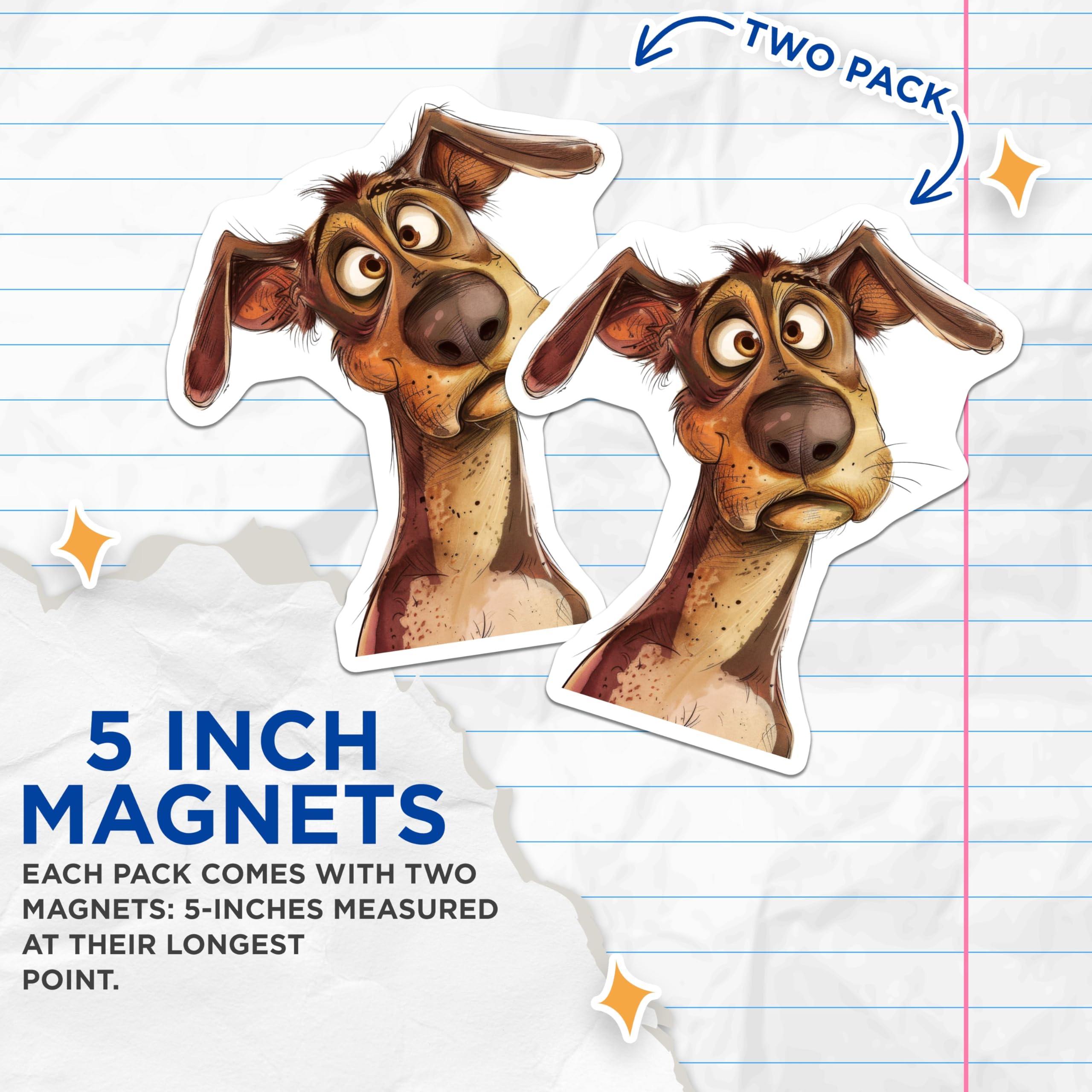 (2 Pack) Quirky Cartoon Dog Magnets - Funny Expressive Canine Refrigerator Locker Decor - Unique Animal Art Kitchen Magnets - 5 Inches On Longest Side - Thick Durable Magnet - Made in USA - MAG24734