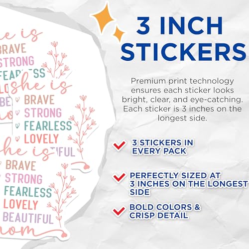 (3 Pack) Brave Strong Mom Decals - Fearless Mom - Beautiful Lovely Decal- 3 Inches On Longest Side - Easy Peel & Apply - Made in USA - 3MCS5241