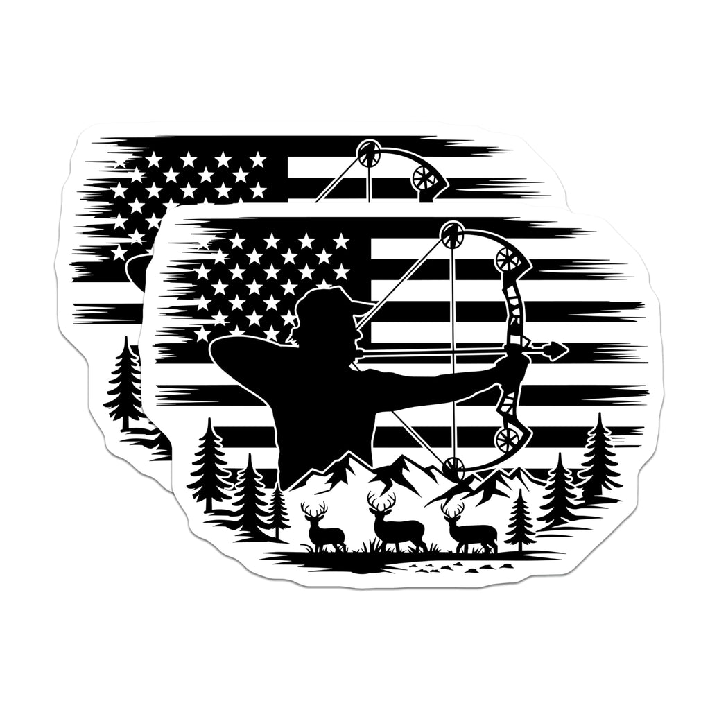 (2 Pack) Bow Hunter Magnets - Distressed American Flag Archery - Mountain Deer Wildlife Magnets - 5 Inches On Longest Side - Thick Durable Magnet - Made in USA - MAG19869
