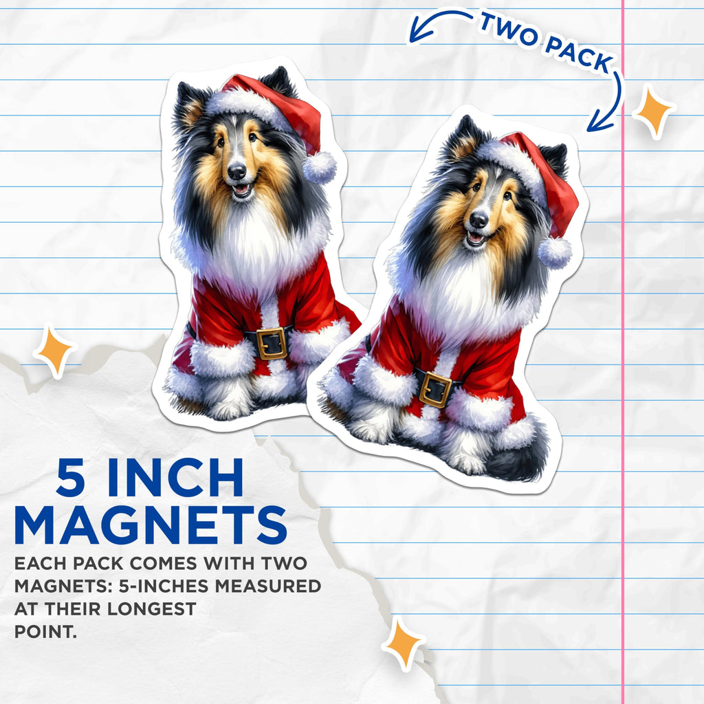 (2 Pack) Christmas Dog Magnets - Santa Sheltie Collie Magnet - Holiday Pet Lover Decor - Festive Dog Parent Present - 5 Inches On Longest Side - Thick Durable Magnet - Made in USA - MAG30989