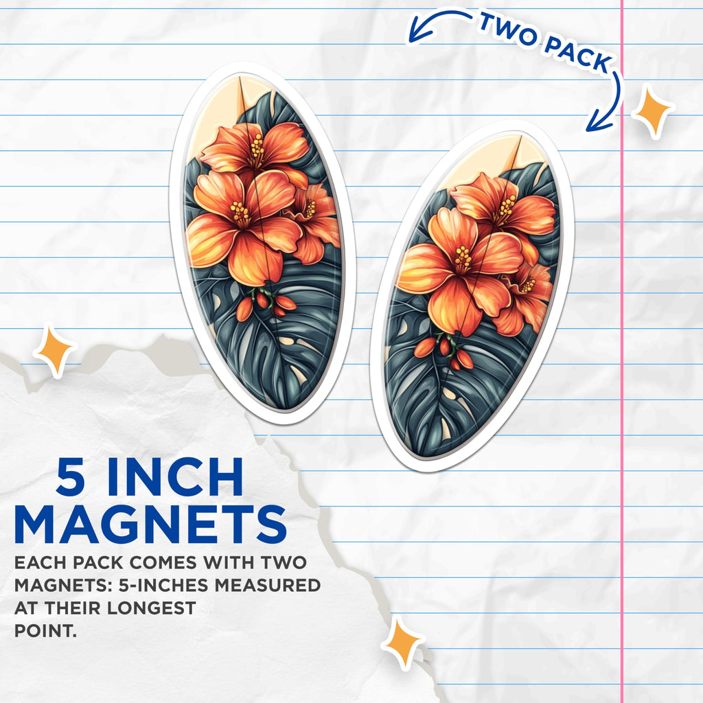 (2 Pack) Tropical Surfboard Magnets - Vibrant Hibiscus Floral Art - Hawaiian Island Theme - Beach Home Decor Fridge Magnets - 5 Inches On Longest Side - Thick Durable Magnet - Made in USA - MAG24888