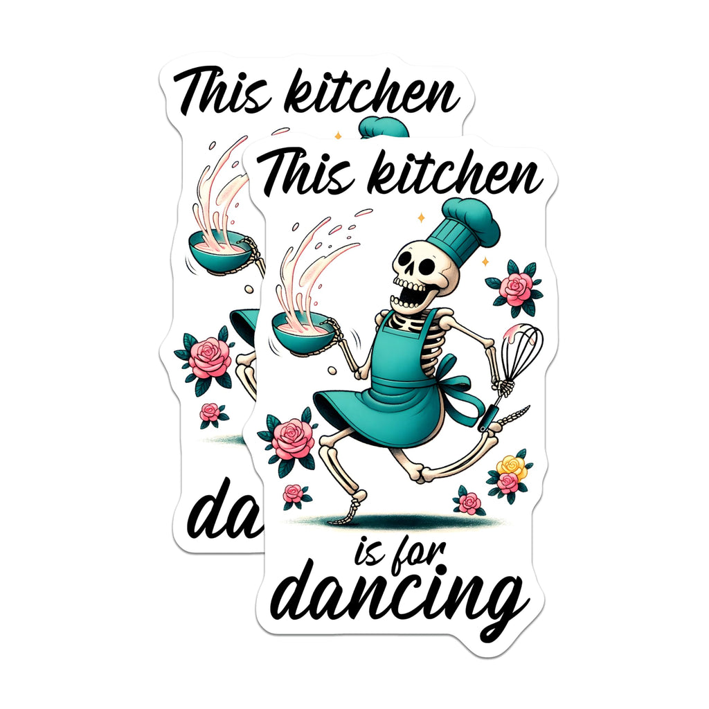(2 Pack) Kitchen Dancing Stickers - Skeleton Chef Sticker - Funny Baking Stickers - 5" On Longest Side - Sticks to Smooth Flat Surfaces - Made in USA - BMCS15397