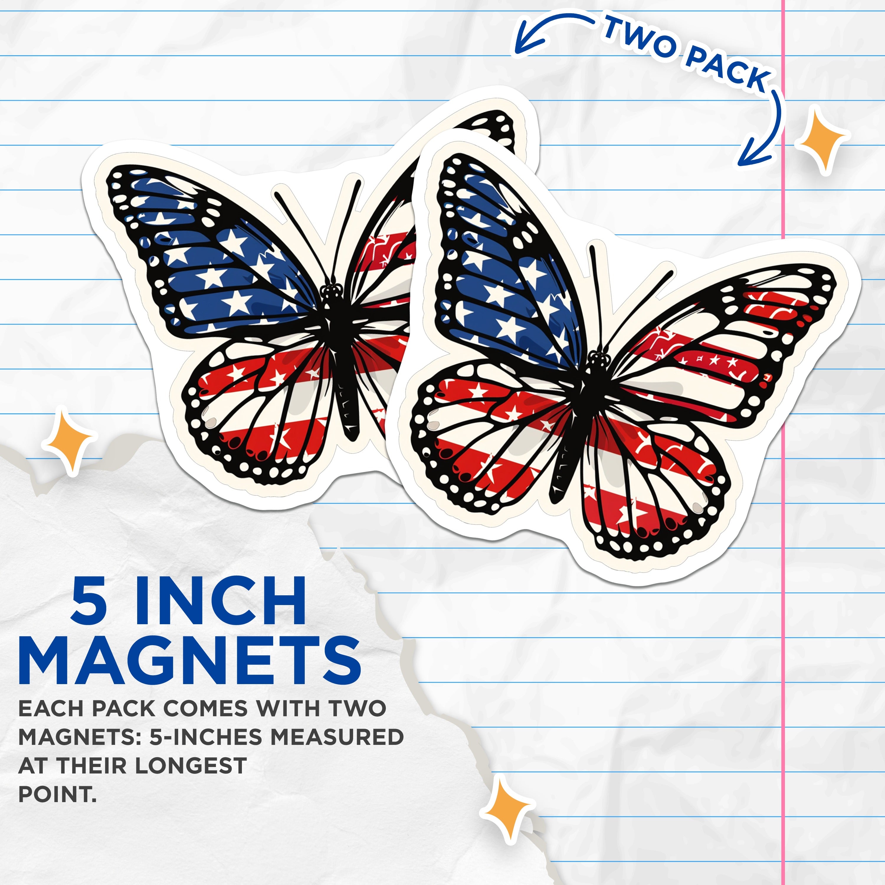 (2 Pack) American Flag Butterfly Magnets - Patriotic Monarch Decor - Freedom Symbol Car Fridge Locker Emblem for Veterans - 5 Inches On Longest Side - Thick Durable Magnet - Made in USA - MAG39919