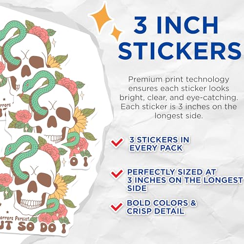 (3 Pack) Floral Skull Decals - Snake Decal - Aesthetic Decal- 3 Inches On Longest Side - Easy Peel & Apply - Made in USA - 3MCS5965
