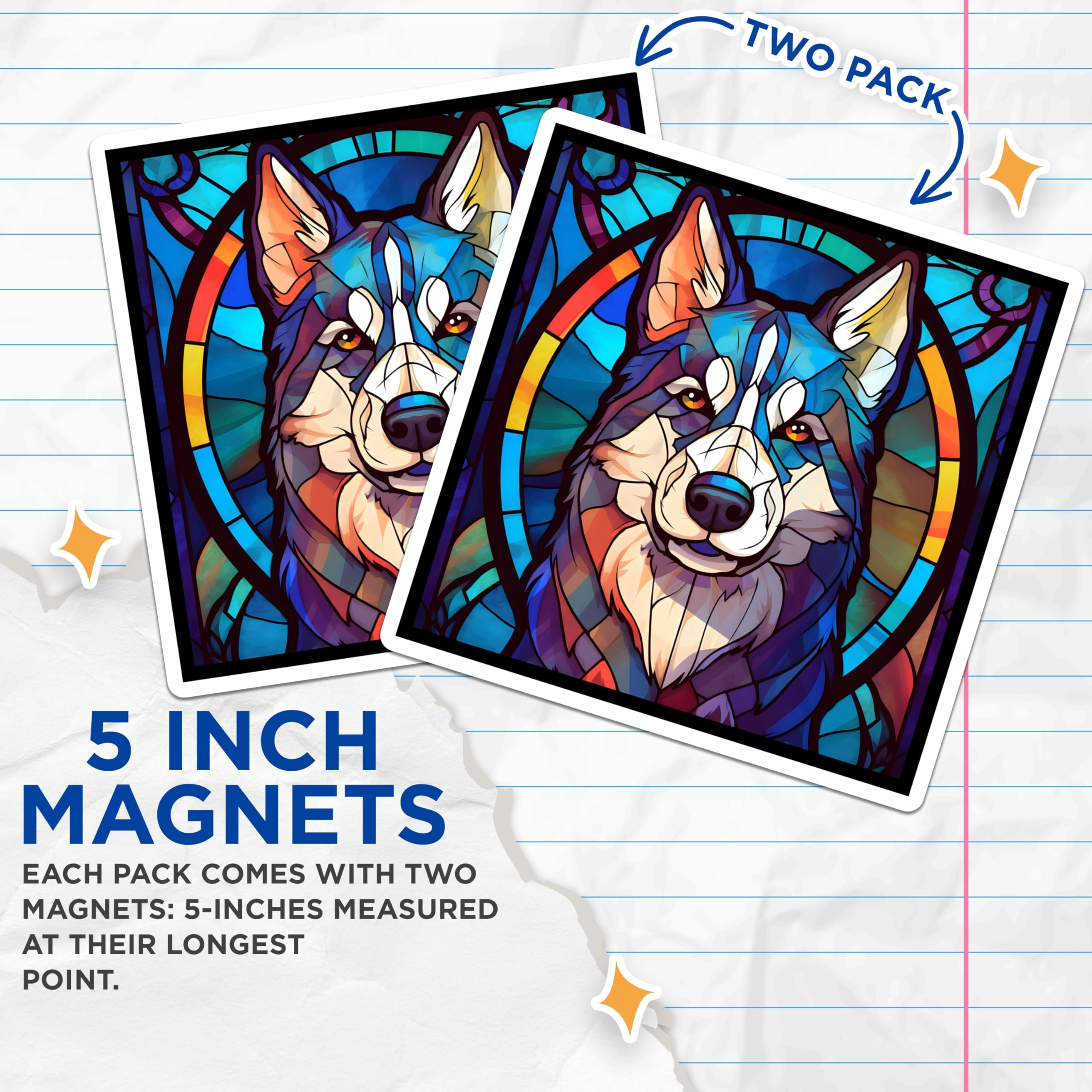 (2 Pack) Husky Dog Magnets - Stained Glass Style - Refrigerator Home Decor - 5" On Longest Side - Premium Magnet - for Cars, Refrigerators, Toolboxes, Lockers - Made in USA - MAG14911