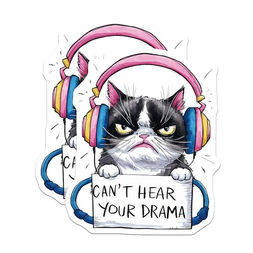 (2 Pack) Grumpy Cat Stickers - Funny Cat Sticker - Can't Hear Your Drama Sticker - 5" On Longest Side - Sticks to Smooth Flat Surfaces - Made in USA - BMCS8626