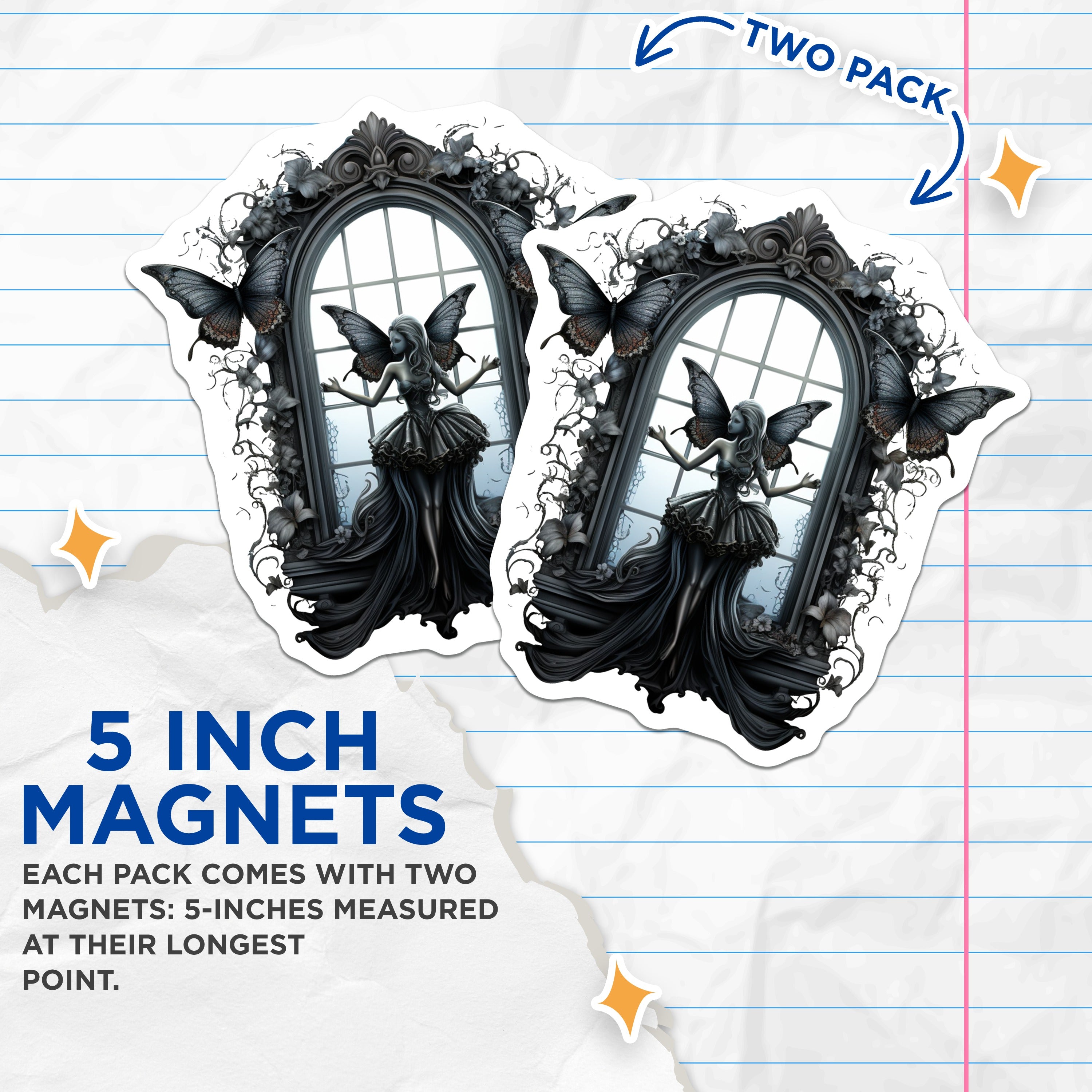 (2 Pack) Gothic Fairy Magnets - Dark Academia Art - Fantasy Window Decor - Whimsigoth Butterfly - Witchy Home - 5 Inches On Longest Side - Thick Durable Magnet - Made in USA - MAG38741