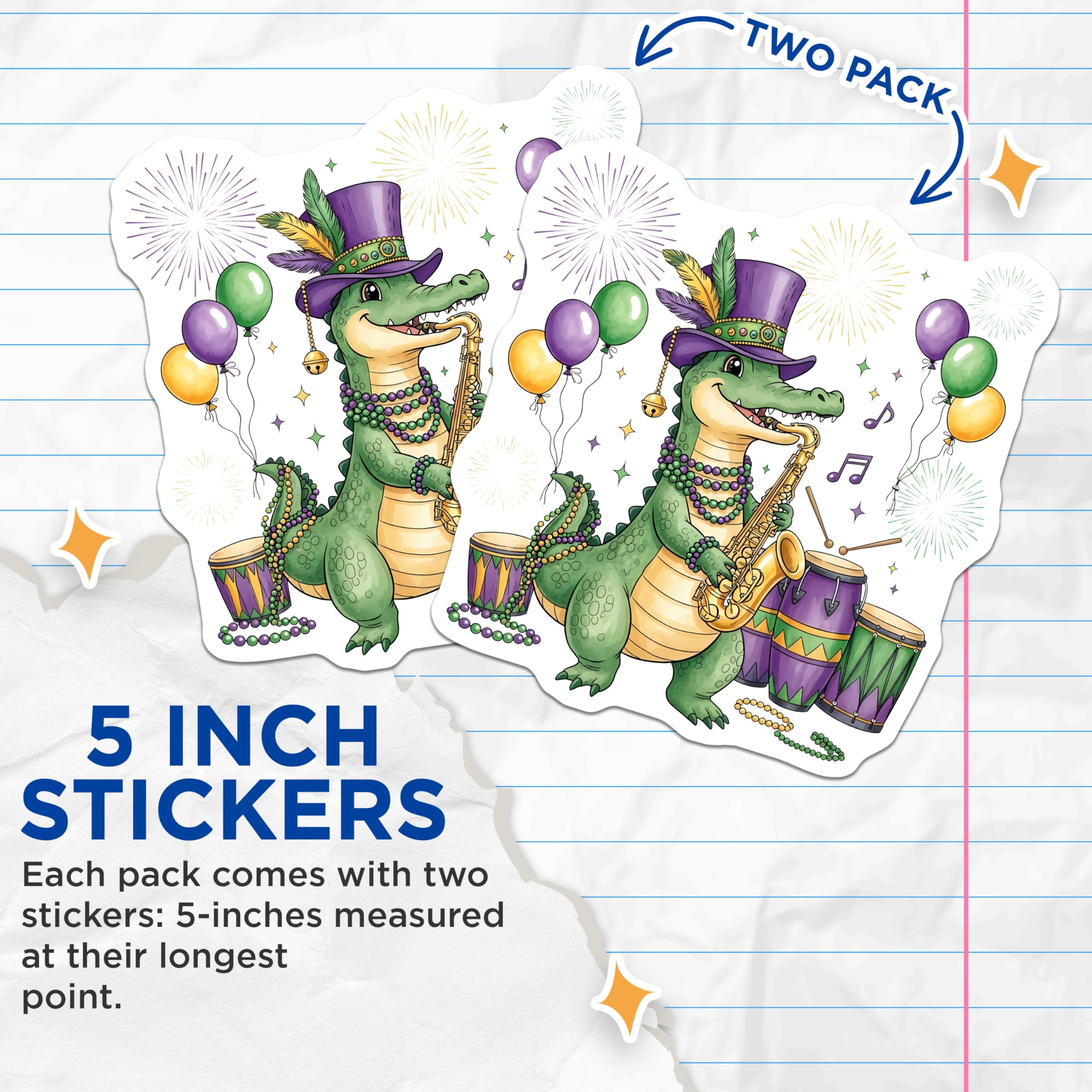 (2 Pack) Mardi Gras Alligator Stickers - Saxophone Player - New Orleans Celebration - 5" On Longest Side - Sticks to Smooth Flat Surfaces - Made in USA - BMCS14825