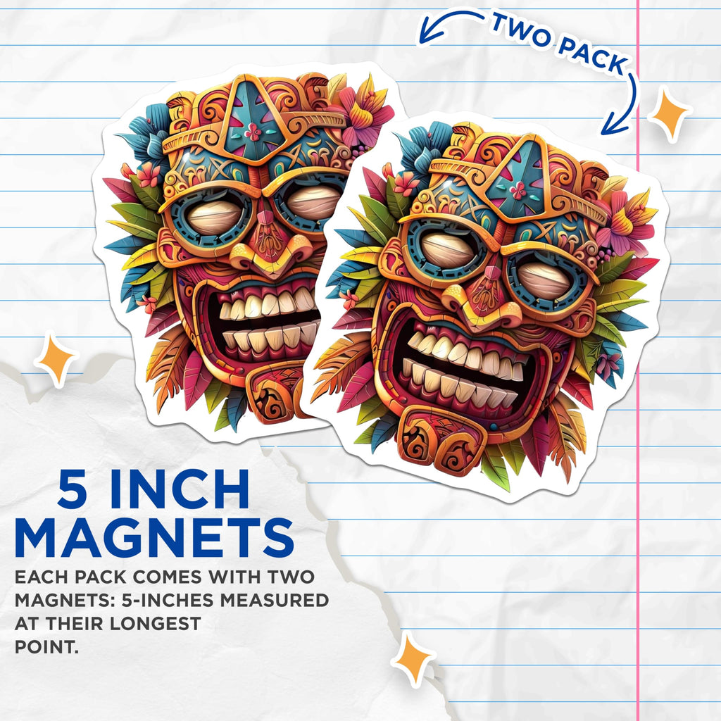 (2 Pack) Tiki Mask Magnets - Polynesian Decor - Colorful Island Art - 5 Inches On Longest Side - Thick Durable Magnet - Made in USA - MAG20898