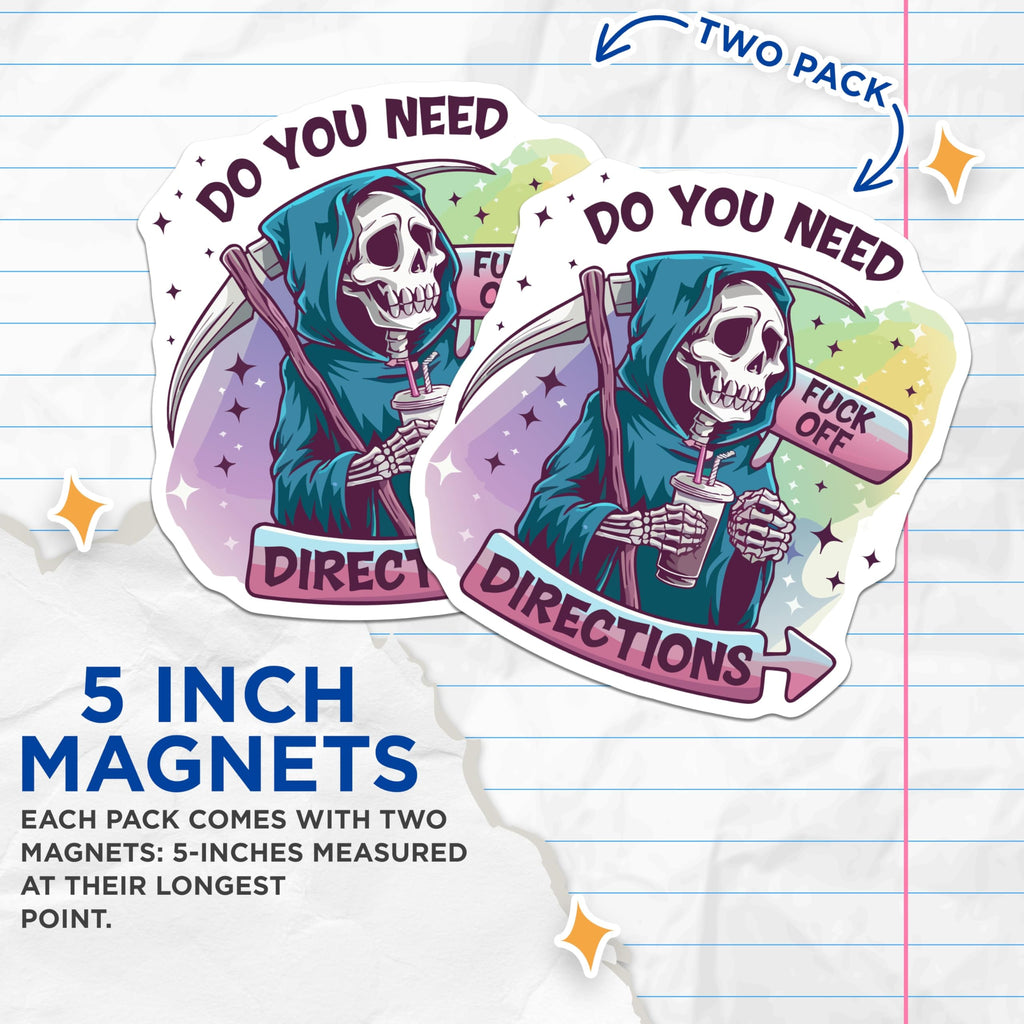 (2 Pack) Grim Reaper Magnets - Sarcastic Skeleton Decor - Offensive Humor Refrigerator Art - 5 Inches On Longest Side - Thick Durable Magnet - Made in USA - MAG20931