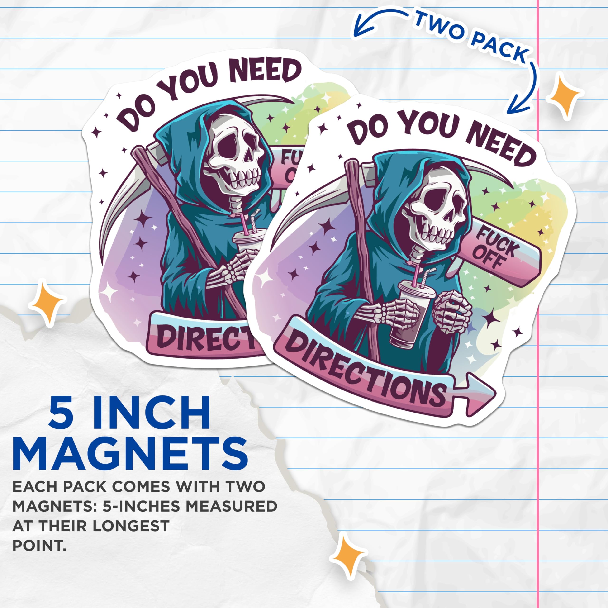 (2 Pack) Grim Reaper Magnets - Sarcastic Skeleton Decor - Offensive Humor Refrigerator Art - 5 Inches On Longest Side - Thick Durable Magnet - Made in USA - MAG20931