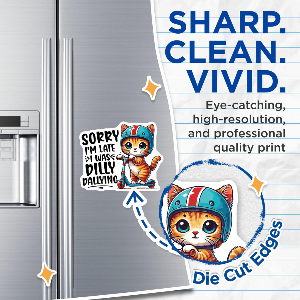 (2 Pack) Dilly Dally Cat Magnets - Scooter Riding Kitten - Funny Kitty Excuse Fridge Decor - 5" On Longest Side - Premium Magnet - for Cars, Refrigerators, Toolboxes, Lockers - Made in USA - MAG15525