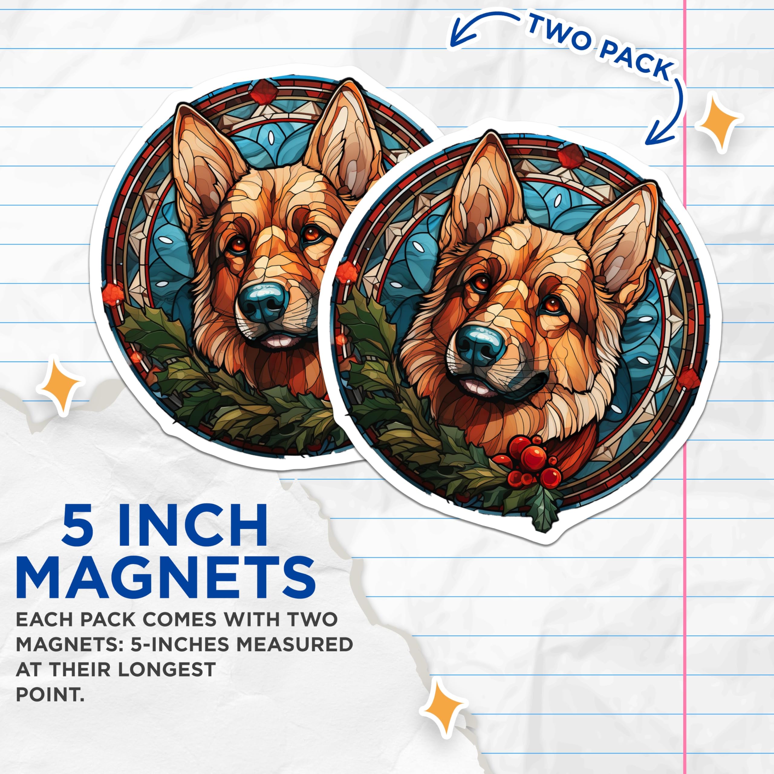 (2 Pack) German Shepherd Dog Magnets - Stained Glass Pet Art - Holiday Animal Decor - Christmas Dog Lover Present - 5 Inches On Longest Side - Thick Durable Magnet - Made in USA - MAG30610