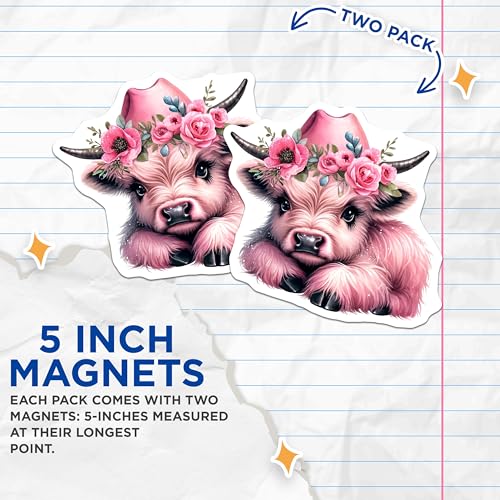 (2 Pack) Cute Cow Magnets - Floral Cow Decor Magnets - Pink Cow Fridge Magnets - Animal Lovers Magnets - 5" On Longest Side - for Cars, Refrigerators, Toolboxes, Lockers - Made in USA MAG3610