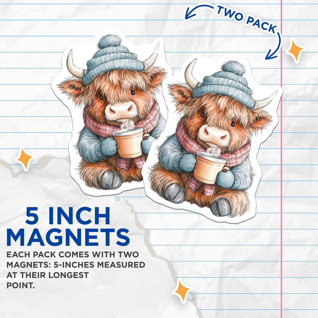 (2 Pack) Highland Cow Magnets - Cozy Winter Animal - Hot Cocoa Beanie Decor - 5 Inches On Longest Side - Thick Durable Magnet - Made in USA - MAG38951
