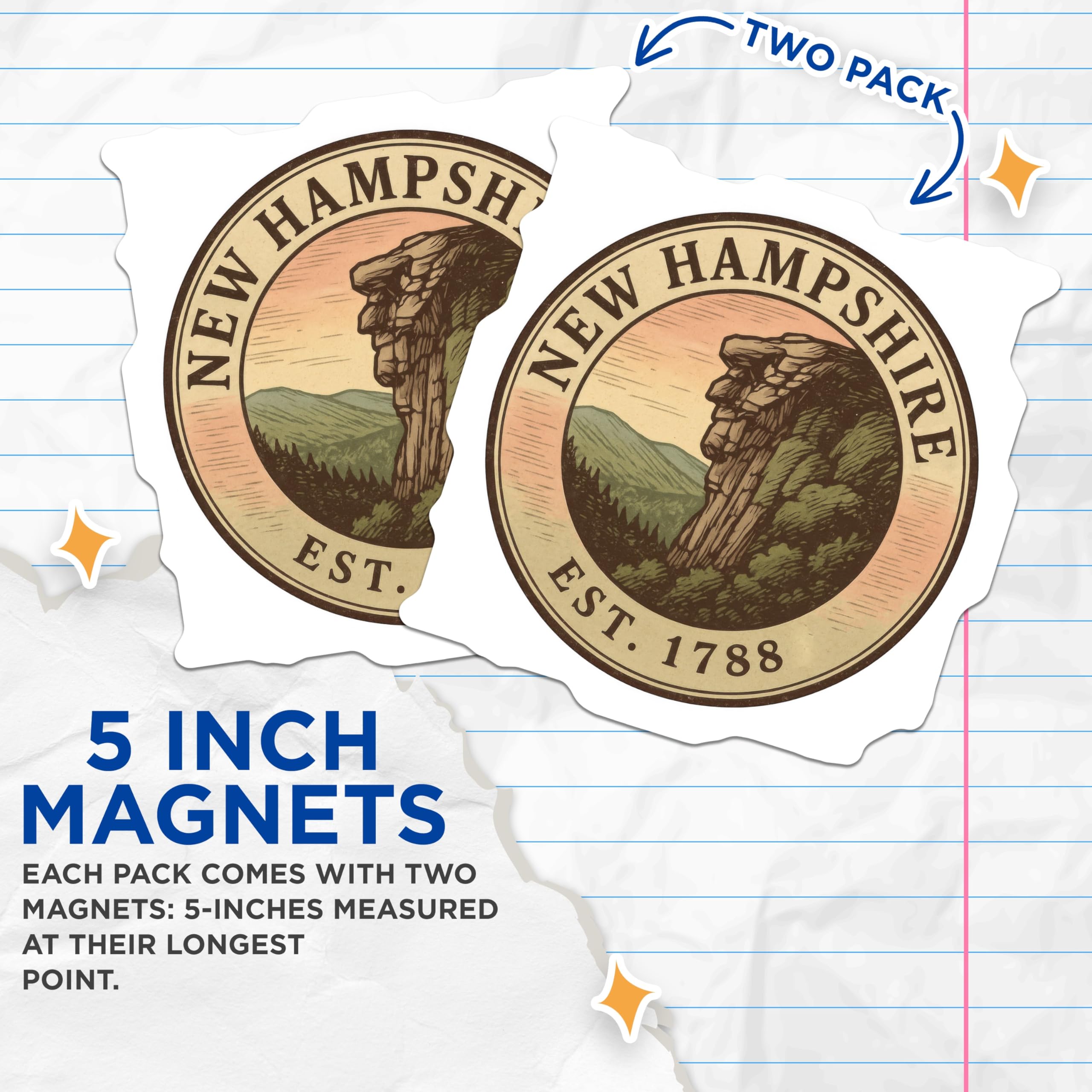 (2 Pack) New Hampshire State Magnets - Old Man of the Mountain - Franconia Notch NH Iconic - Est 1788 Travel - 5 Inches On Longest Side - Thick Durable Magnet - Made in USA - MAG21027