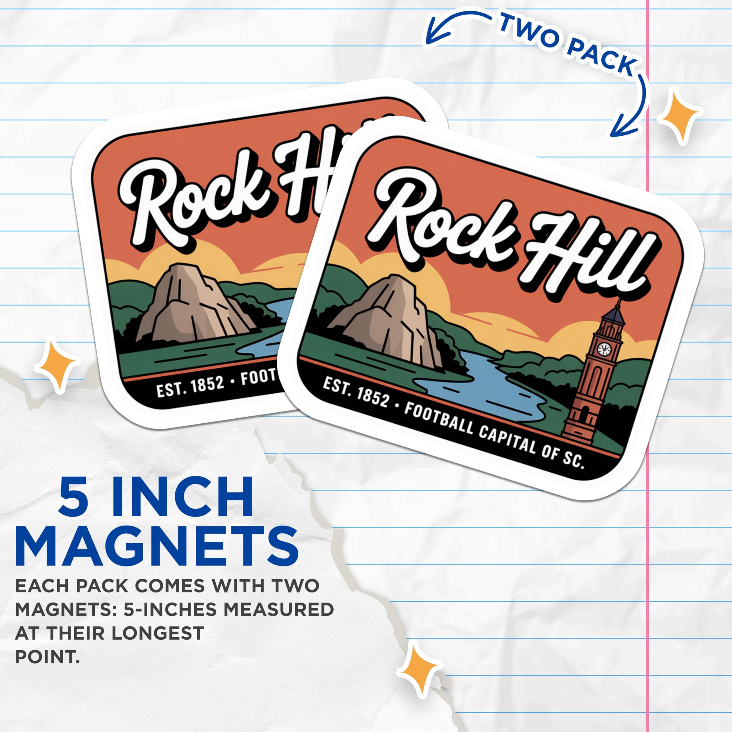 (2 Pack) Rock Hill South Carolina Magnets - Vintage Travel Souvenir Art - Football Capital SC Landmark Memorabilia - 5 Inches On Longest Side - Thick Durable Magnet - Made in USA - MAG19389