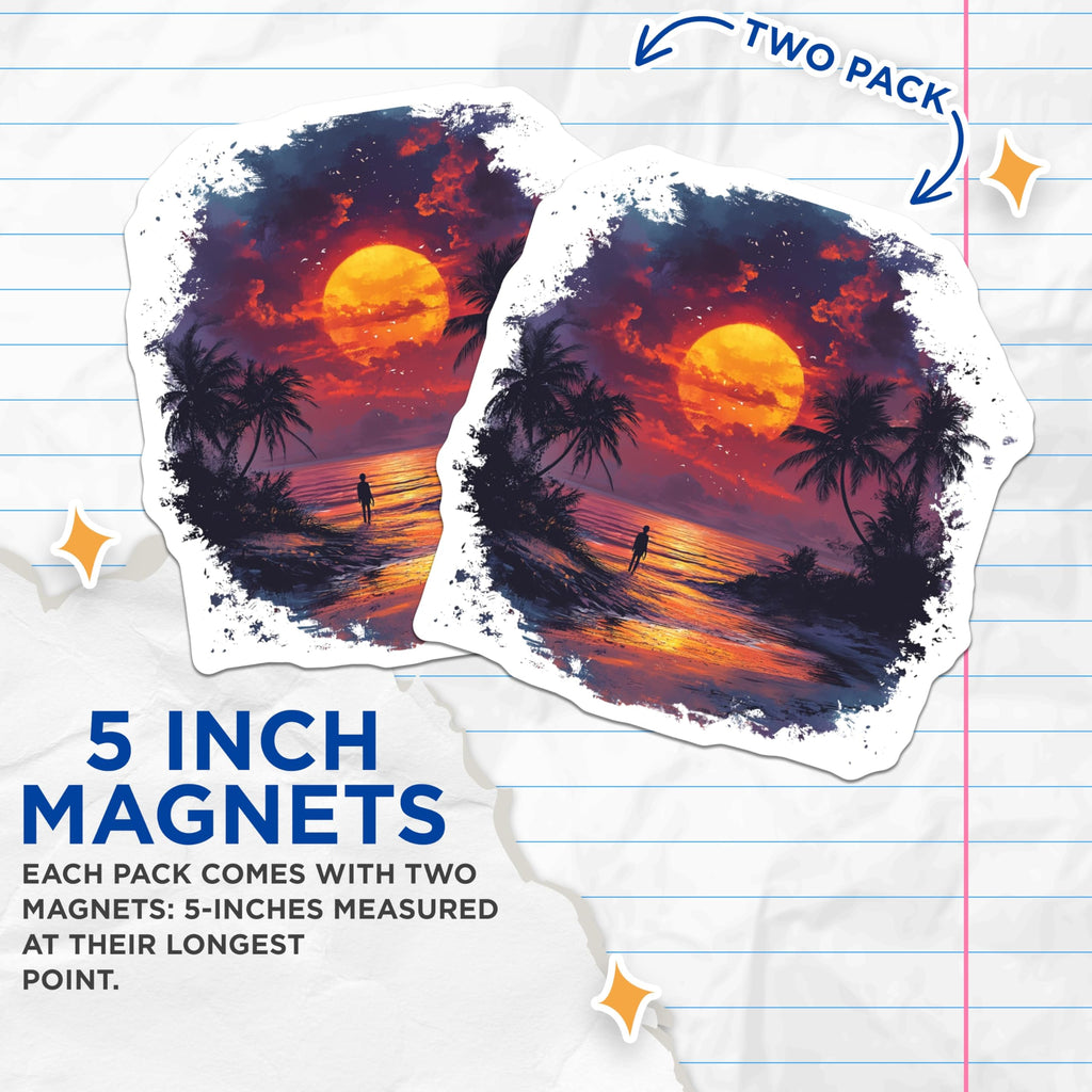 (2 Pack) Sunset Beach Ocean Magnets - Tropical Palm Tree Horizon - Vibrant Seascape Art - Wanderlust Decor Refrigerator - 5 Inches On Longest Side - Thick Durable Magnet - Made in USA - MAG24865