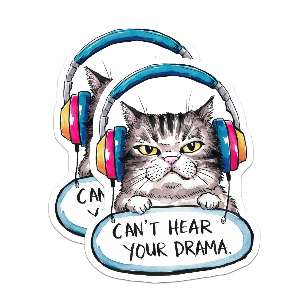 (2 Pack) Funny Cat Stickers - Can't Hear Your Drama - Headphones Decal for Laptops and Water Bottles - 5" On Longest Side - Sticks to Smooth Flat Surfaces - Made in USA - BMCS8481