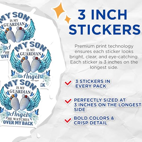 (3 Pack) My Son Guardian Angel Decals - Memorial Decals - Remembrance Loss of Son Decal - 3 Inches On Longest Side - Easy Peel & Apply - Made in USA - 3MCS4892