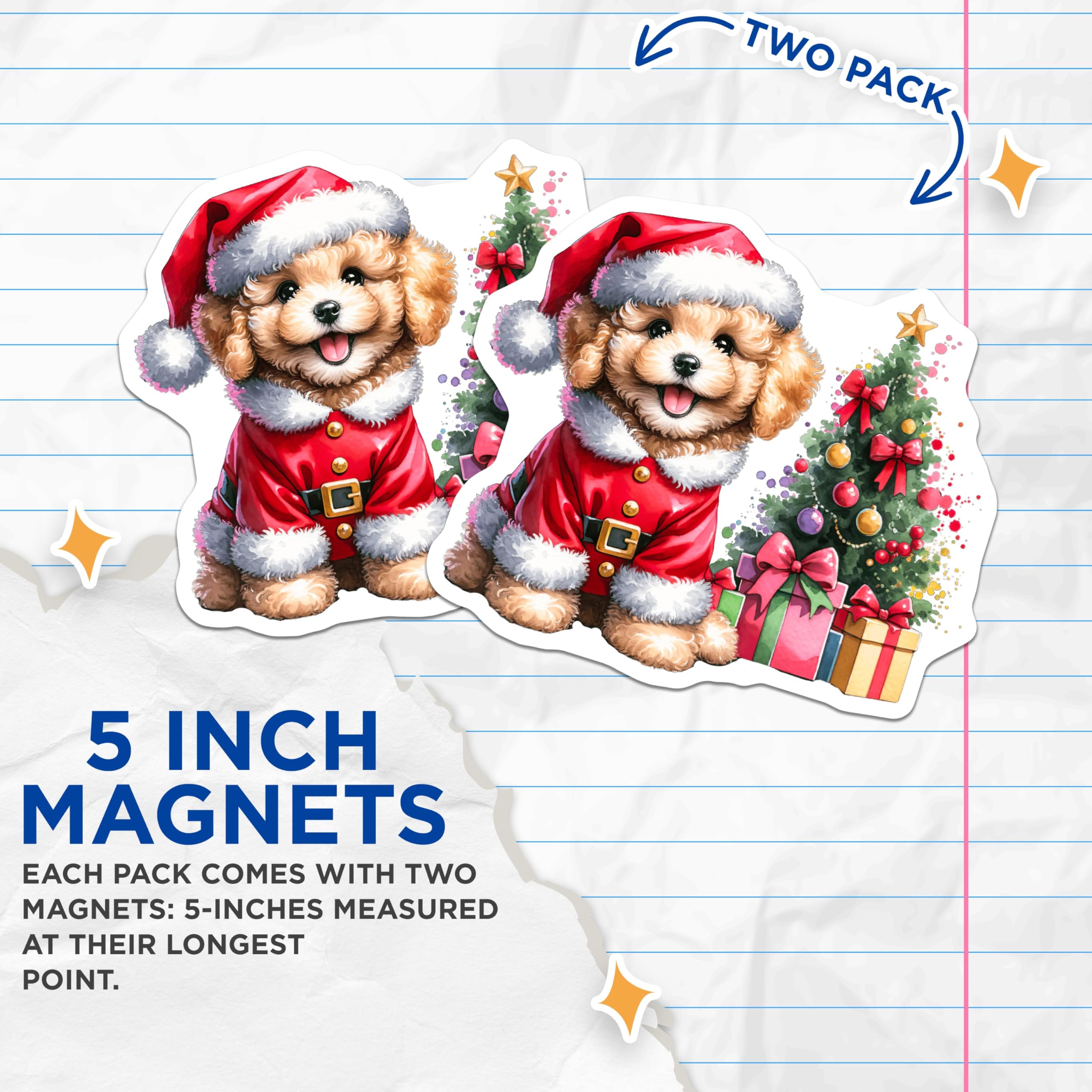 (2 Pack) Santa Puppy Christmas Magnets - Holiday Dog Refrigerator Decor - Festive Pet Lover Accessories - 5 Inches On Longest Side - Thick Durable Magnet - Made in USA - MAG27087