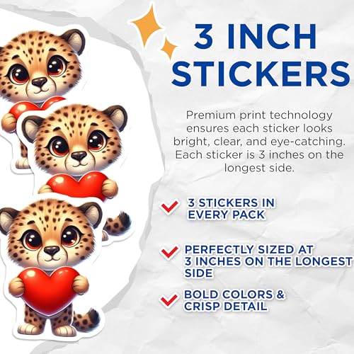 (3 Pack) Cheetah Heart Decals - Cute Animal - Laptop Decals - 3 Inches On Longest Side - Easy Peel & Apply - Made in USA - 3MCS2422