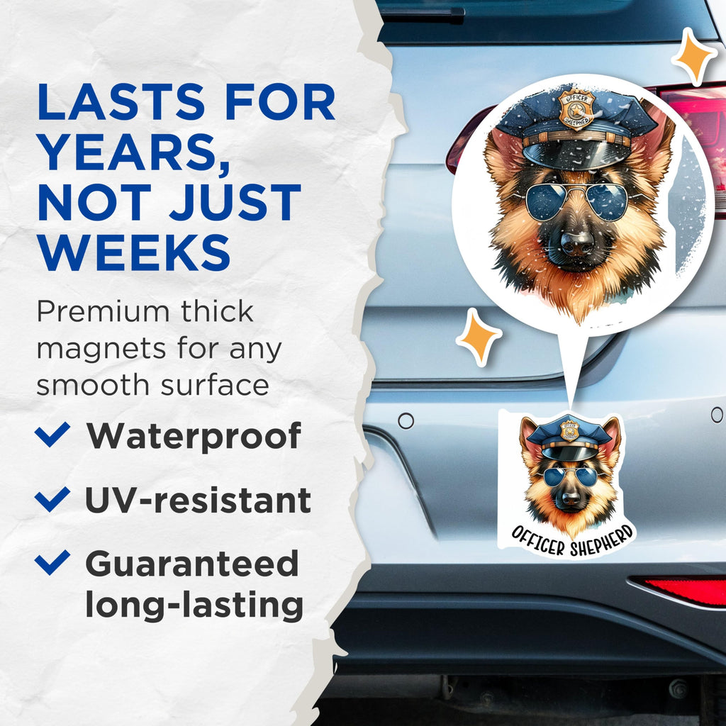 (2 Pack) Officer Shepherd Magnets - Police Dog Art - Canine - Law Enforcement Officer Gift - Pet Lover Magnet - 5" On Longest Side - for Cars, Fridges, Toolboxes - Made in USA - MAG3658