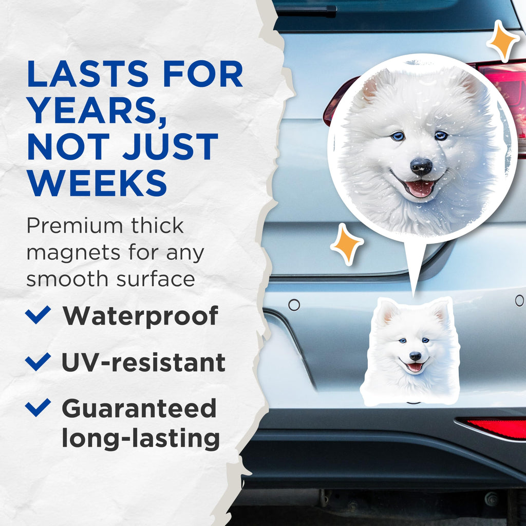 (2 Pack) Samoyed Puppy Magnets - Adorable Fluffy Dog Art - Dog Mom Fridge Accent - 5 Inches On Longest Side - Thick Durable Magnet - Made in USA - MAG25539