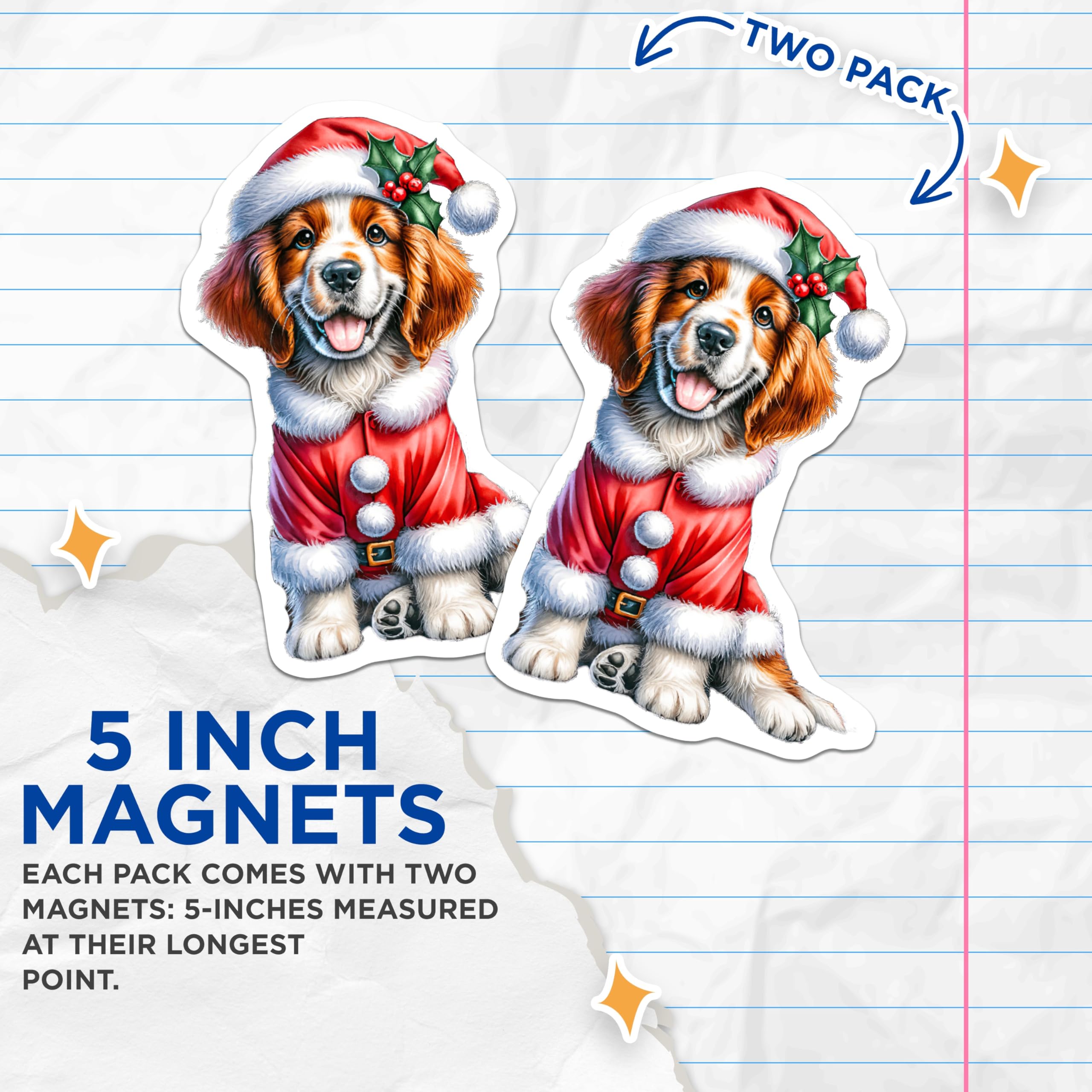(2 Pack) Santa Dog Magnets - Christmas Puppy Decor - Festive Cavalier Spaniel Pet Art - 5 Inches On Longest Side - Thick Durable Magnet - Made in USA - MAG23267