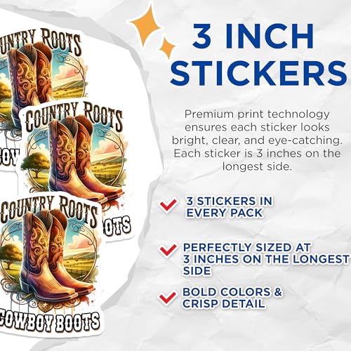 (3 Pack) Cowboy Boots Decals - Country Roots - Western Laptop Decal- 3 Inches On Longest Side - Easy Peel & Apply - Made in USA - 3MCS5557