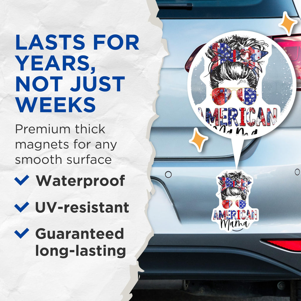 (2 Pack) American Mama Messy Bun Magnets - Patriotic Mom Decor - Fourth of July USA Pride - 5 Inches On Longest Side - Thick Durable Magnet - Made in USA - MAG30886
