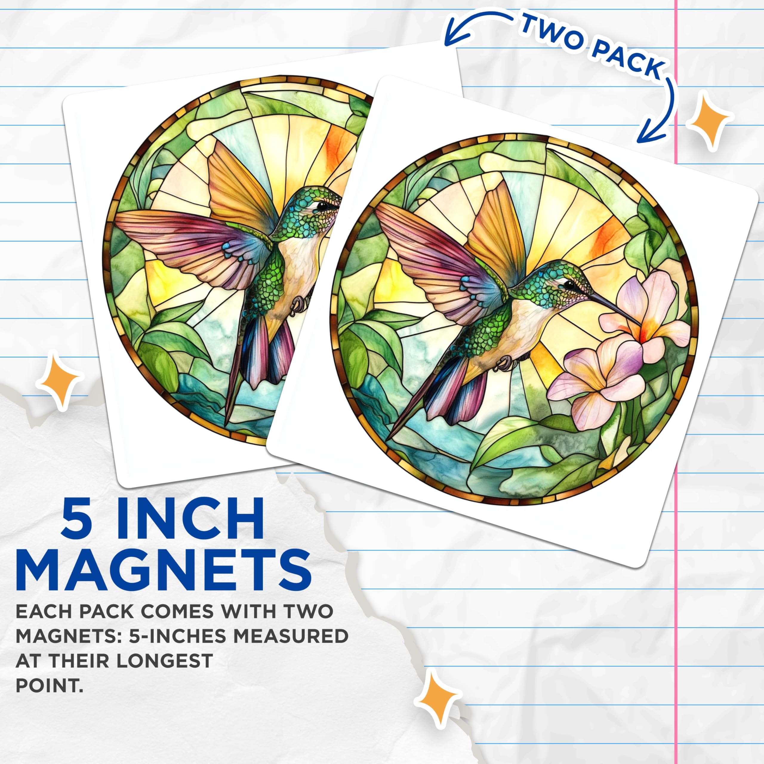 (2 Pack) Stained Glass Hummingbird Magnets - Bird Lover Decor - Colorful Nature Art - 5 Inches On Longest Side - Thick Durable Magnet - Made in USA - MAG25939
