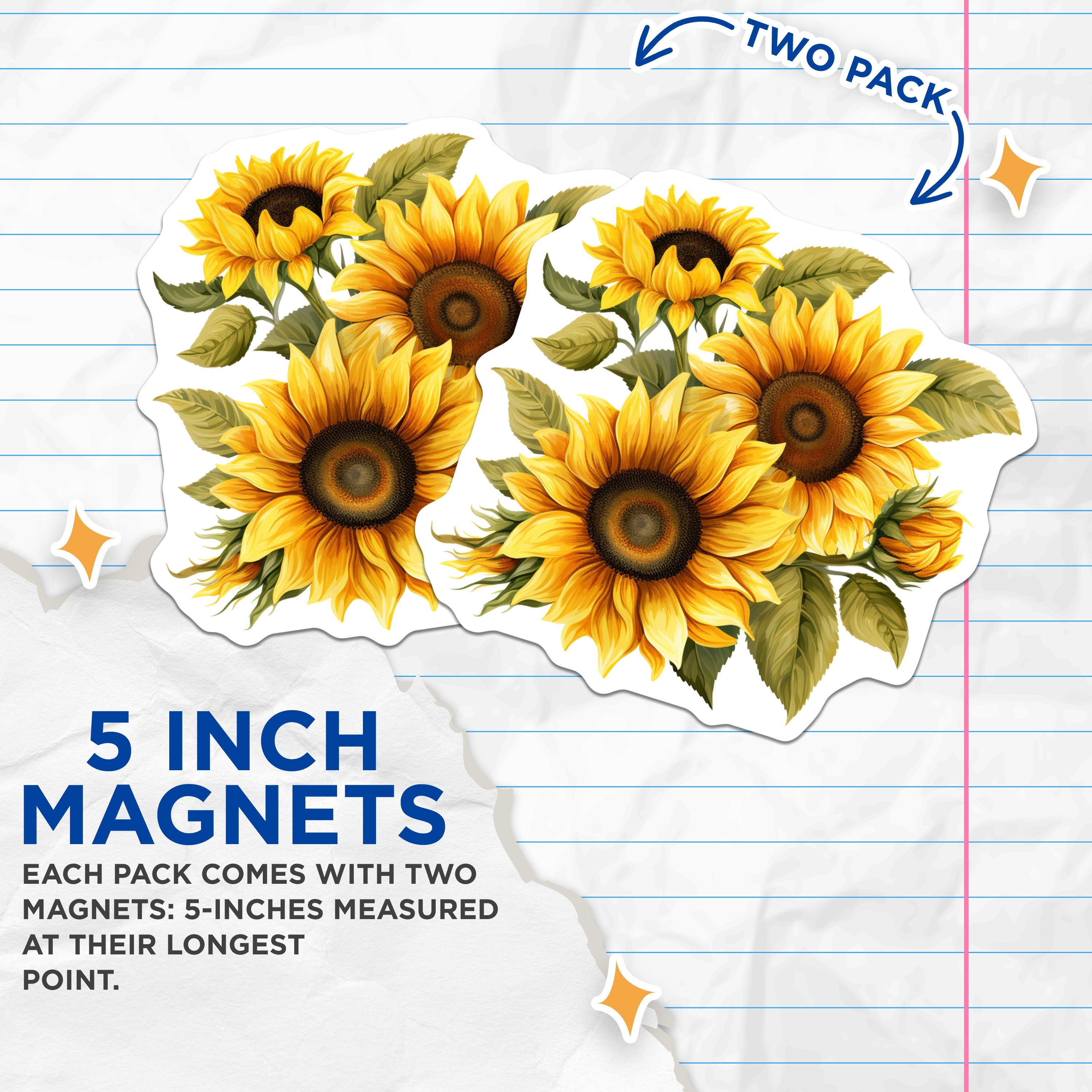 (2 Pack) Sunflower Magnets - Yellow Floral Fridge Decor - Farmhouse Kitchen Accent - Spring Summer Nature Lover - 5 Inches On Longest Side - Thick Durable Magnet - Made in USA - MAG37863
