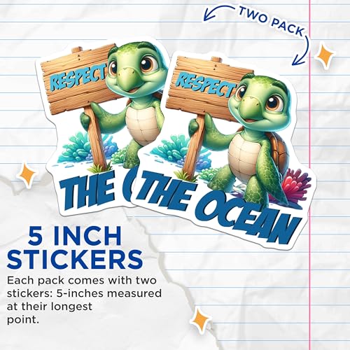 (2 Pack) Sea Turtle Respect The Ocean Stickers - Environmental Awareness - Marine Life Conservation - 5" On Longest Side - Sticks to Smooth Flat Surfaces - Made in USA - BMCS7957