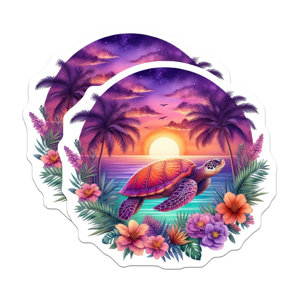 (2 Pack) Sea Turtle Magnets - Vibrant Tropical Sunset Art - Ocean Beach Decor - Hawaiian Palm Tree Fridge Locker - 5 Inches On Longest Side - Thick Durable Magnet - Made in USA - MAG22549