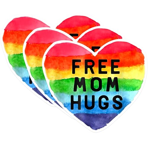 (3 Pack) Free Mom Hugs Decals - Rainbow Heart Decal - LGBTQ Pride Decal - 3 Inches On Longest Side - Easy Peel & Apply - Made in USA - 3MCS0578
