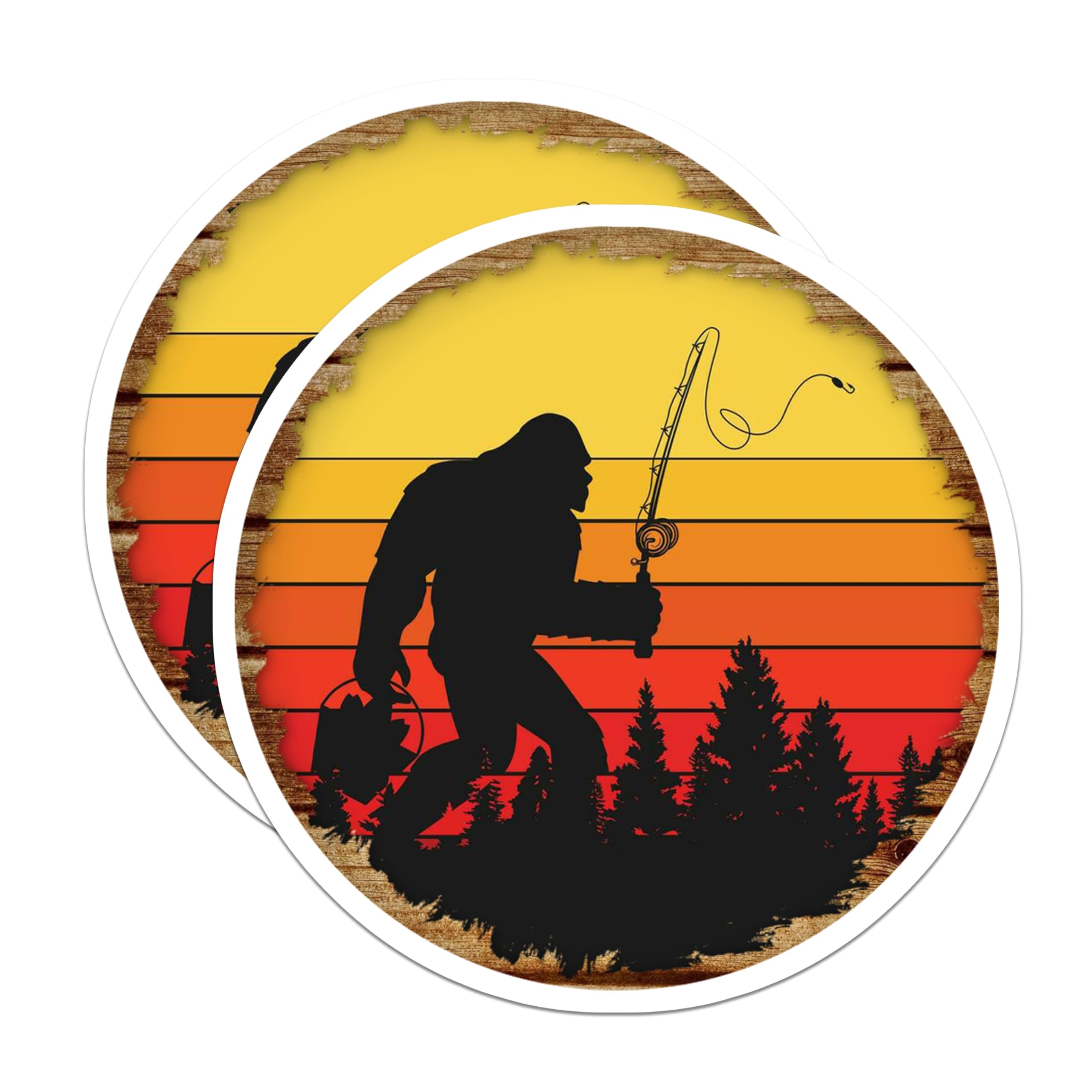 (2 Pack) Bigfoot Fishing Magnets - Sasquatch Angler Decor - Retro Sunset Outdoor Fridge Accessory - 5 Inches On Longest Side - Thick Durable Magnet - Made in USA - MAG25845