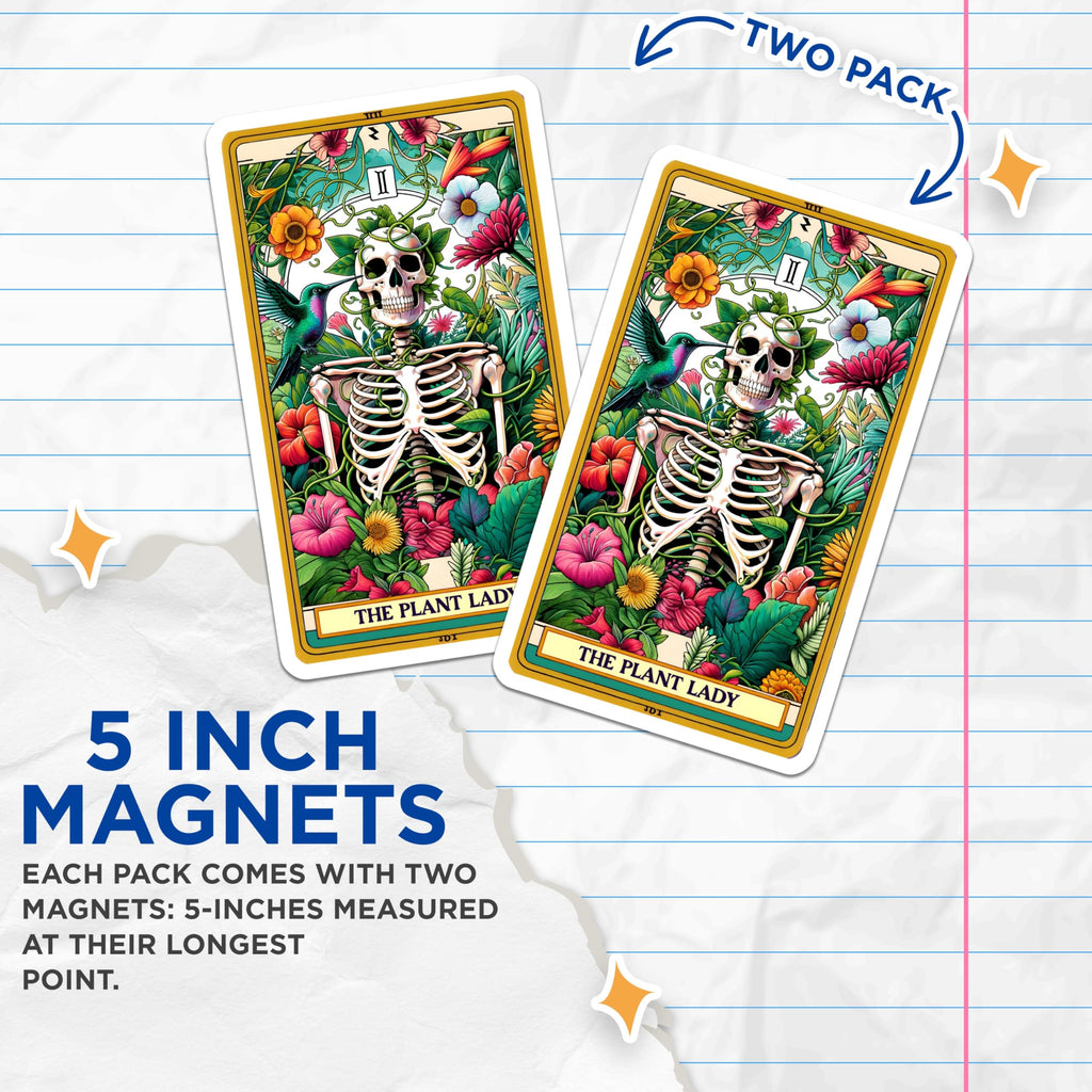 (2 Pack) Plant Lady Skeleton Magnets - Witchy Botanical Decor - Tarot Card Art for Plant Lovers - 5 Inches On Longest Side - Thick Durable Magnet - Made in USA - MAG30944