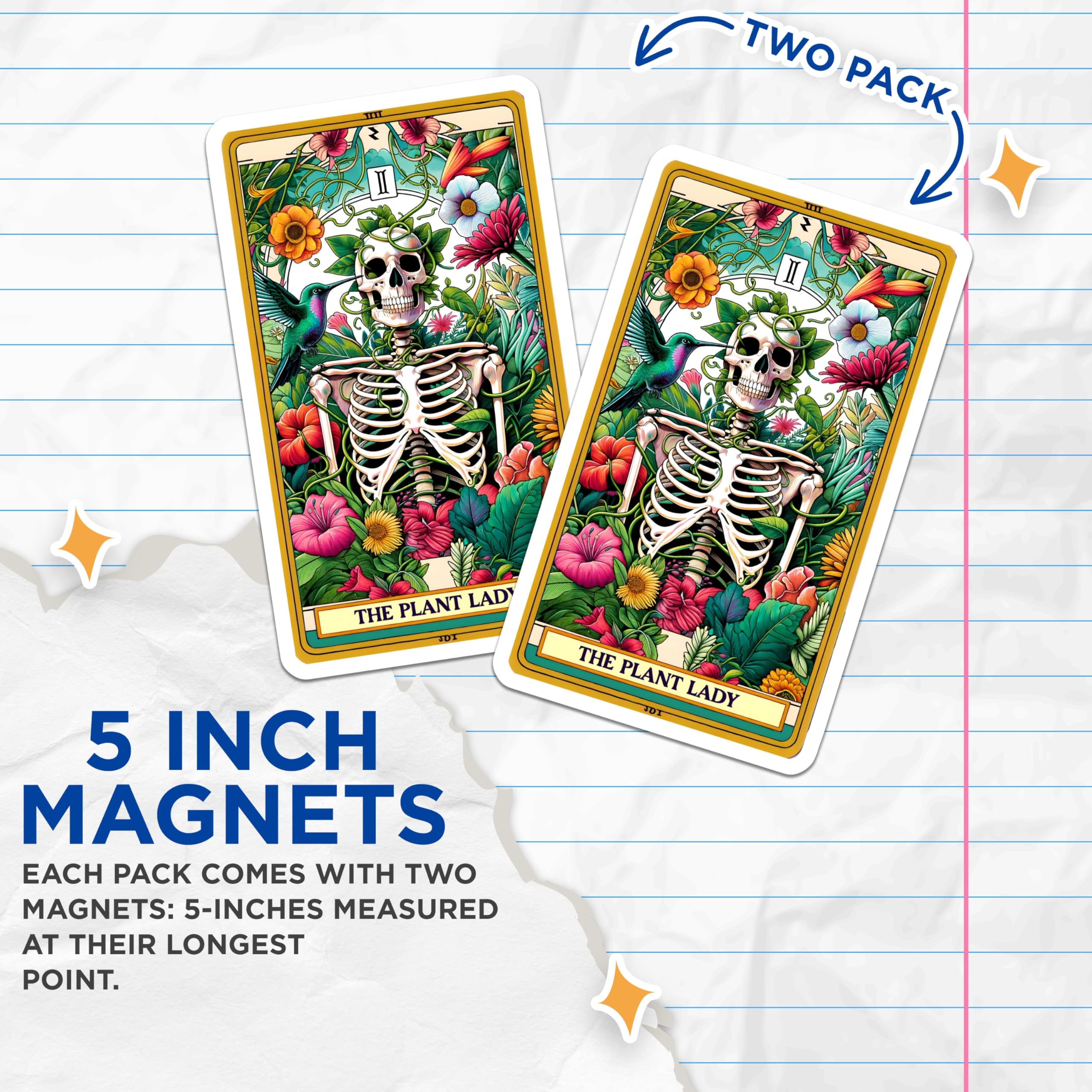(2 Pack) Plant Lady Skeleton Magnets - Witchy Botanical Decor - Tarot Card Art for Plant Lovers - 5 Inches On Longest Side - Thick Durable Magnet - Made in USA - MAG30944
