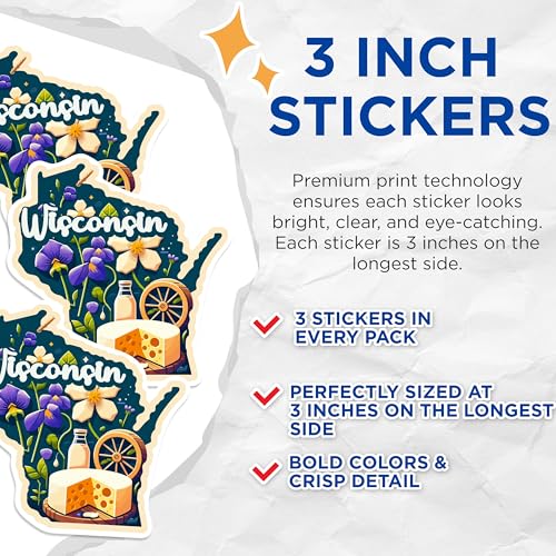 (3 Pack) Wisconsin Decals - Wisconsin State Pride - Laptop Decal - 3 Inches On Longest Side - Easy Peel & Apply - Made in USA - 3MCS0169