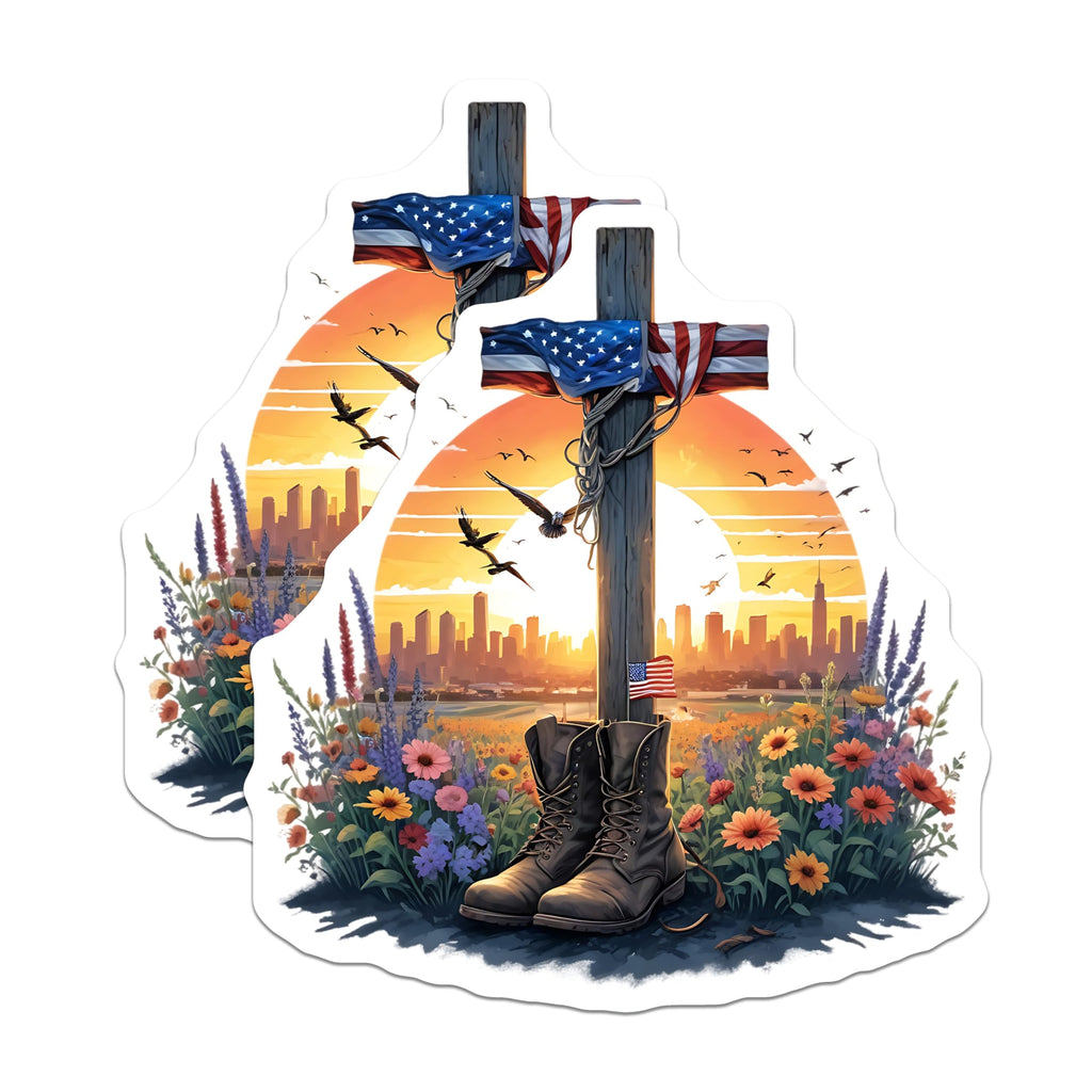 (2 Pack) Patriotic US Flag Magnets - Memorial Day - Combat Boots Flowers Sunset Art - 5" On Longest Side - Premium Magnet - for Cars, Refrigerators, Toolboxes, Lockers - Made in USA - MAG15077