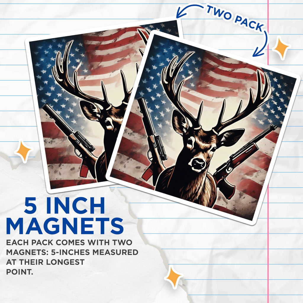 (2 Pack) American Flag Deer Hunter Magnets - Patriotic Antlers and Rifles Decor - Rustic Country Outdoorsman Lodge Art - 5 Inches On Longest Side - Thick Durable Magnet - Made in USA - MAG19537