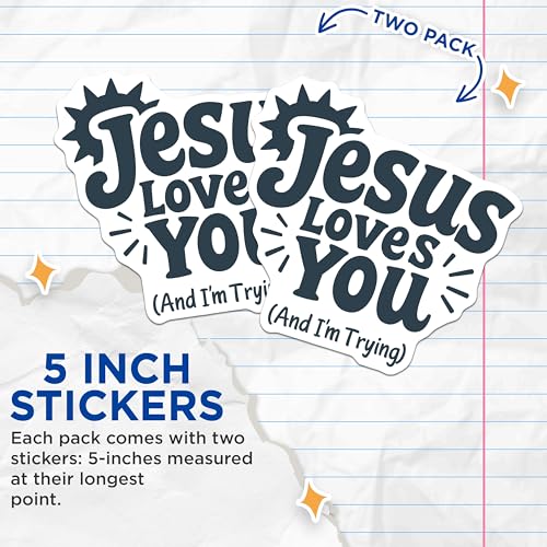 (2 Pack) Jesus Loves You Stickers - Inspirational Vinyl Decal - Faith-Based Sticker - Christian Theme - 5" On Longest Side - Sticks to Smooth Flat Surfaces - Made in USA - BMCS6756