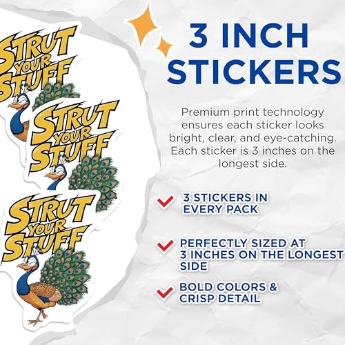 (3 Pack) Peacock Decals - Strut Your Stuff - Laptop Decal - 3 Inches On Longest Side - Easy Peel & Apply - Made in USA - 3MCS2983